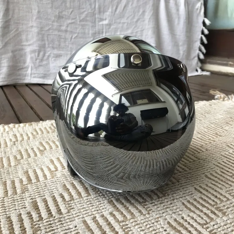 Vintage Open Face Retro Helmet - Ayna Gümüş Krom Motosiklet Açık Yüz